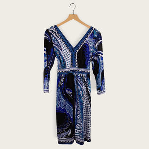 ECI New York V-Neck Stretch Dress, Black Blue Paisley, S